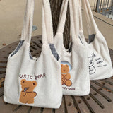 Soft Plush Tote Bag Female Cartoon Embroidery Lamb Hair Shoulder Bags