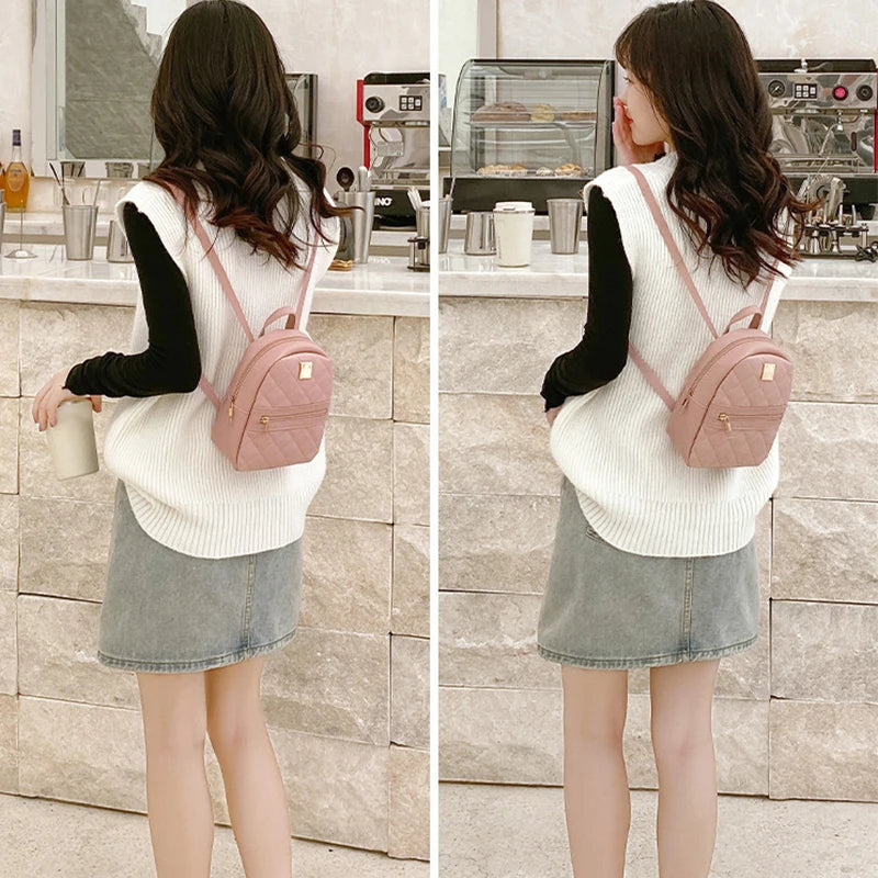 Pu Solid Mini Rhombus Backpack for Women and Girls