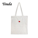 Red Heart Embroidery Canvas Handbag with Zipper