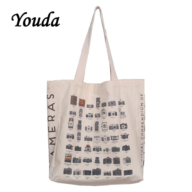 Vintage Canvas Tote Bag Classic Print Women's Shoulder Handbag