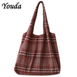 Vintage Winter Thick Tote Shoulder Bag Plaid Girls Student Bookbag