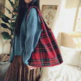 Vintage Winter Thick Tote Shoulder Bag Plaid Girls Student Bookbag