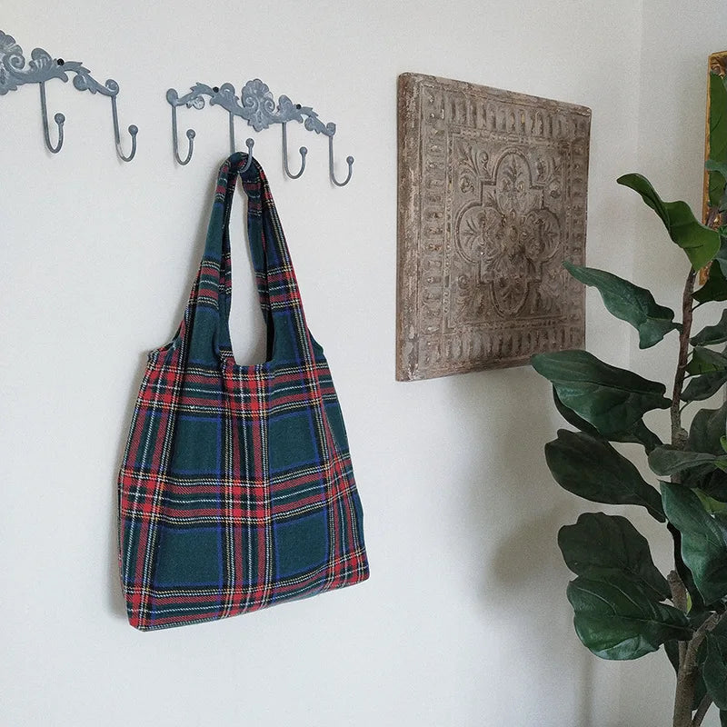 Vintage Winter Thick Tote Shoulder Bag Plaid Girls Student Bookbag