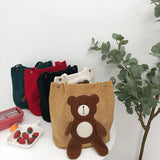 Winter Women's Corduroy Casual Bear Embroidery Shoulder Bag