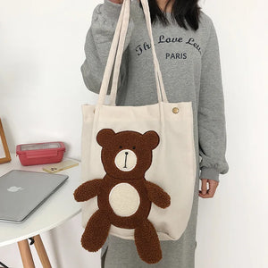 Winter Women's Corduroy Casual Bear Embroidery Shoulder Bag