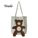 Winter Women's Corduroy Casual Bear Embroidery Shoulder Bag