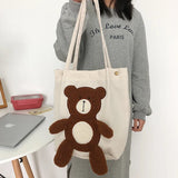 Winter Women's Corduroy Casual Bear Embroidery Shoulder Bag