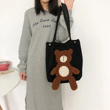 Winter Women's Corduroy Casual Bear Embroidery Shoulder Bag