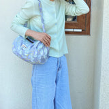 Women Canvas Tote Jacquard Flowers Bag Zipper Purse