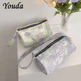 Women Canvas Tote Jacquard Flowers Bag Zipper Purse