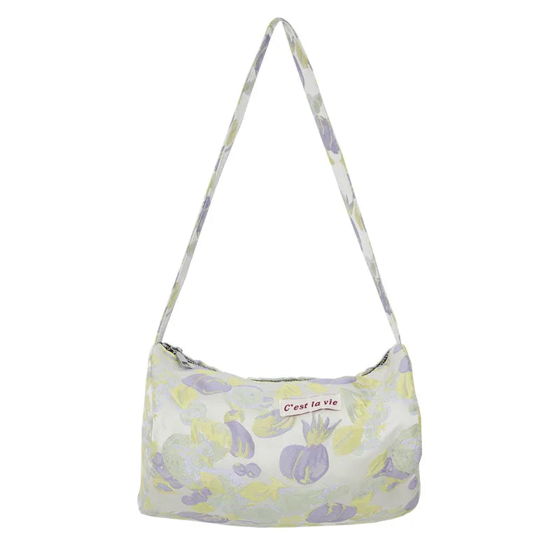 Women Canvas Tote Jacquard Flowers Bag Zipper Purse