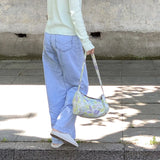 Women Canvas Tote Jacquard Flowers Bag Zipper Purse