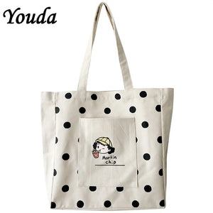 Women Canvas Shopping Bag Dots Bookbags Female Cotton Cloth Shoulder Bags