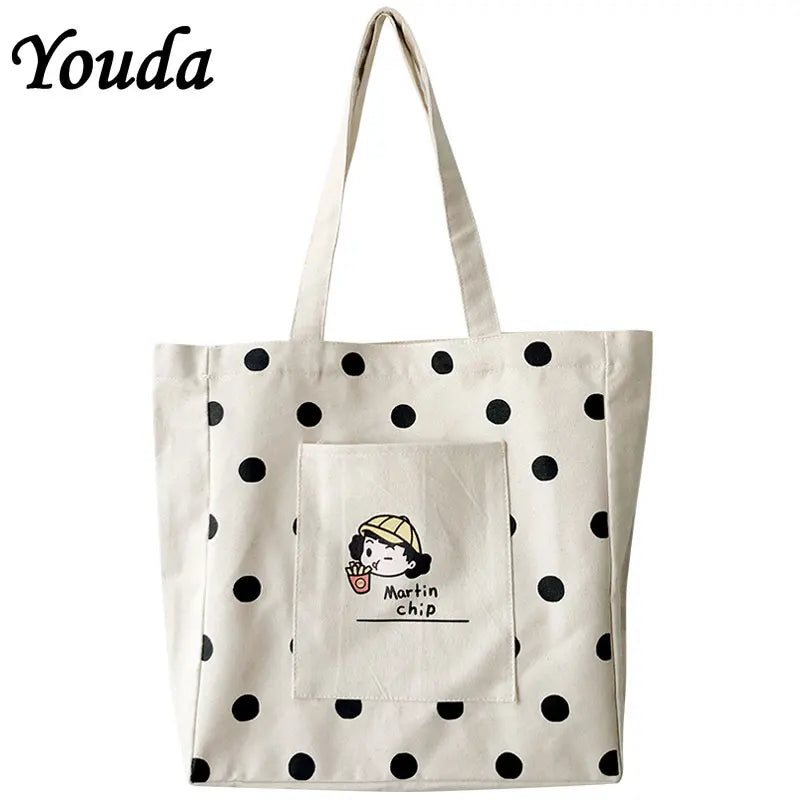 Women Canvas Shopping Bag Dots Bookbags Female Cotton Cloth Shoulder Bags