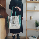Women Canvas Shoulder Bag Iron Tower Print Ladies Shopping Bags