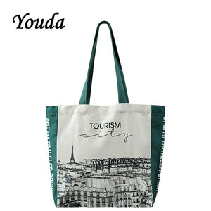 Women Canvas Shoulder Bag Iron Tower Print Ladies Shopping Bags