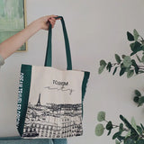Women Canvas Shoulder Bag Iron Tower Print Ladies Shopping Bags