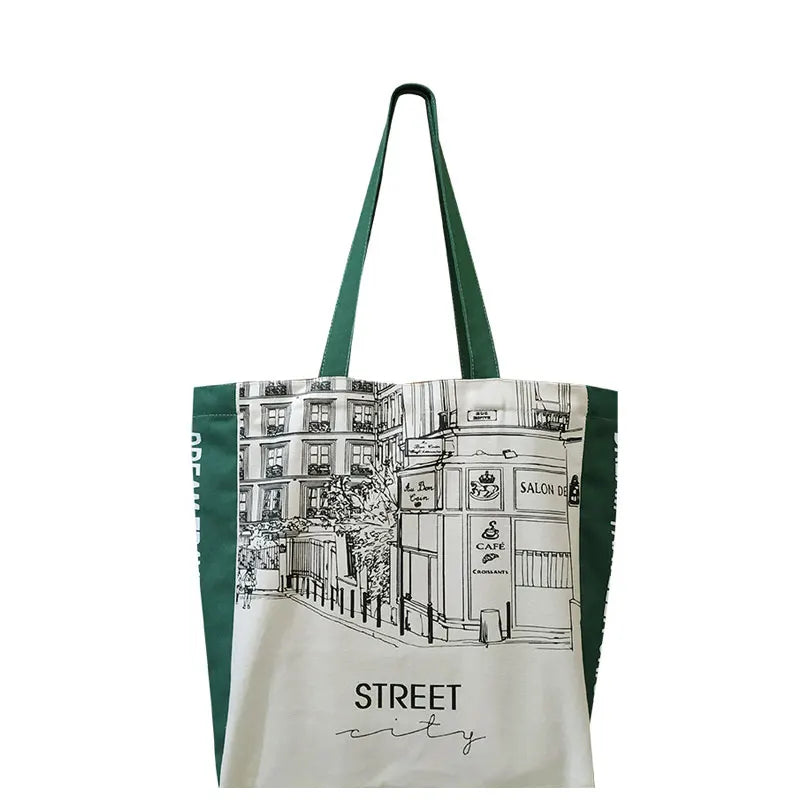 Women Canvas Shoulder Bag Iron Tower Print Ladies Shopping Bags