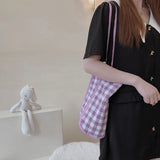 Women Red Plaid Canvas Shoulder Bag Large Tote for Girls