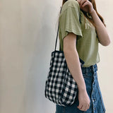 Women Red Plaid Canvas Shoulder Bag Large Tote for Girls