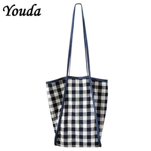 Women Red Plaid Canvas Shoulder Bag Large Tote for Girls