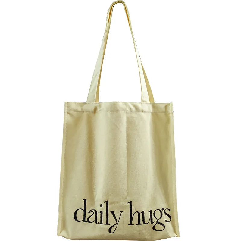 Canvas Shoulder Bag Letters Embroidery Eco Cotton Linen Handbag Tote