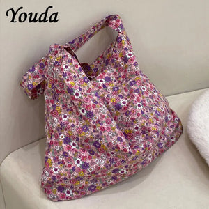 Floral Canvas Shoulder Bag for Women Retro Tote Handbag