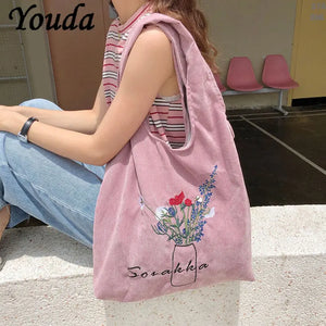 Corduroy Shopping Bag Female Canvas Shoulder Bags Flowers Handbag