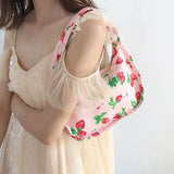 Strawberry Print Canvas Tote Small Handbag Zipper Half Moon Bag
