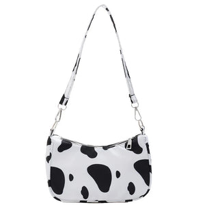 Youth Ladies Nylon Cow Print Underarm Tote Bag Purse