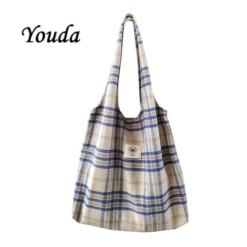 Yoyda Women's Plaid Cotton Handbag Retro Large Capacity Shoulder Bag