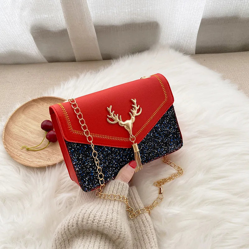 ZOMU Sequined Shoulder Bag Deer Head Crossbody Embroidered