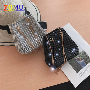 ZOMU Rhinestone Shoulder Bag Chain Bucket Bag for Women