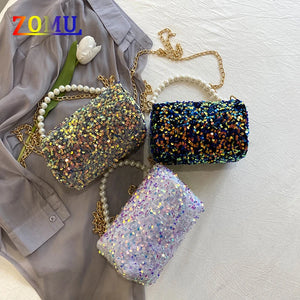 Sequins Pearl String Handbag Golden Chain Evening Bag