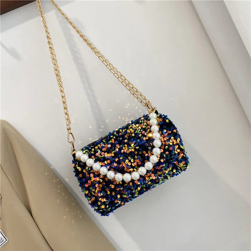 Sequins Pearl String Handbag Golden Chain Evening Bag