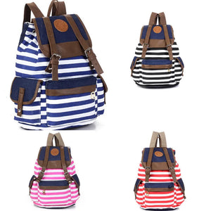 Female Striped Printing Canvas Backpack Student School Bag