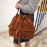 Solid Suede Crossbody Bucket Bag with Fringe