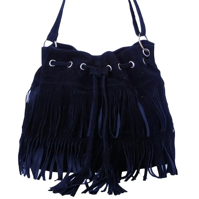 Solid Suede Crossbody Bucket Bag with Fringe