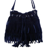 Solid Suede Crossbody Bucket Bag with Fringe