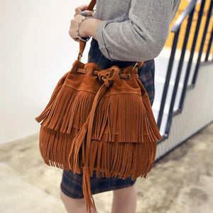 Fringe Drawstring Suede Crossbody Bucket Bag for Women