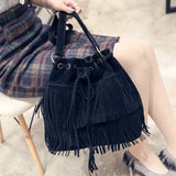 Fringe Drawstring Suede Crossbody Bucket Bag for Women