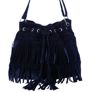 Fringe Drawstring Suede Crossbody Bucket Bag for Women