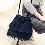 Fringe Drawstring Suede Crossbody Bucket Bag for Women