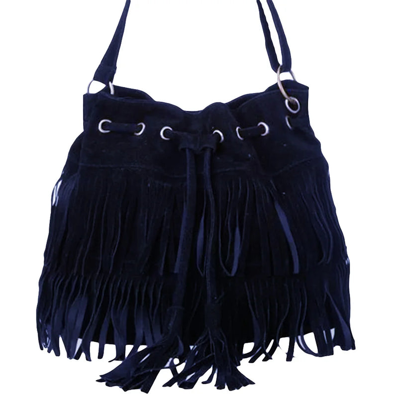 Fringe Drawstring Suede Crossbody Bucket Bag for Women
