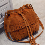 Fringe Drawstring Suede Crossbody Bucket Bag for Women