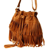 Fringe Drawstring Suede Crossbody Bucket Bag for Women