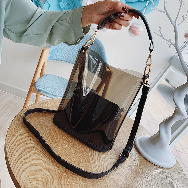 Clear PVC Handbag Set Transparent Women's Crossbody Bucket Bag 2pcs