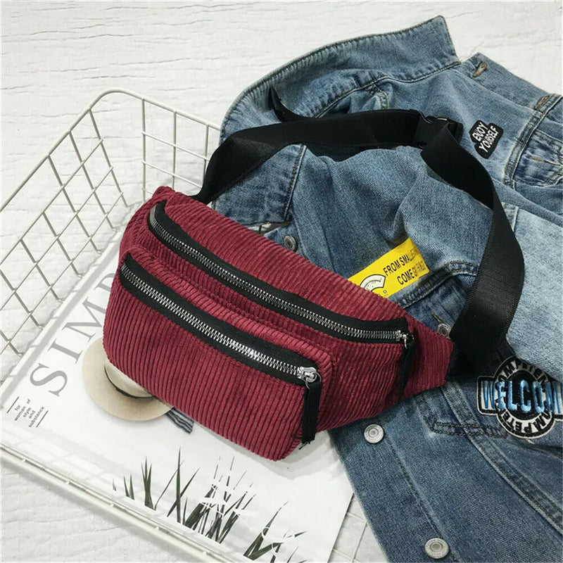 Corduroy Waist Bag Zipper Chest Bag Sport Travel Women Fanny Pack