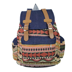 Ethnic Female Backpack Denim Drawstring Shoulder Bag Student School Bag