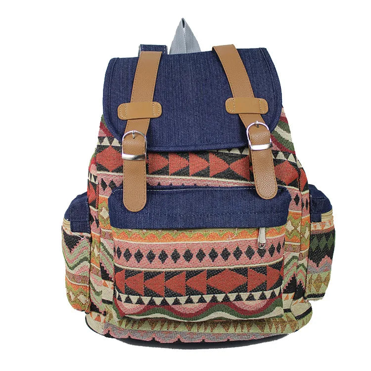 Ethnic Female Backpack Denim Drawstring Shoulder Bag Student School Bag